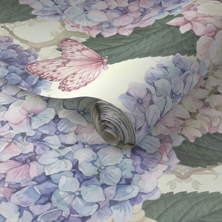 Hydrangea Haven — Lilac & Dusty Pink wallpaper roll, closeup