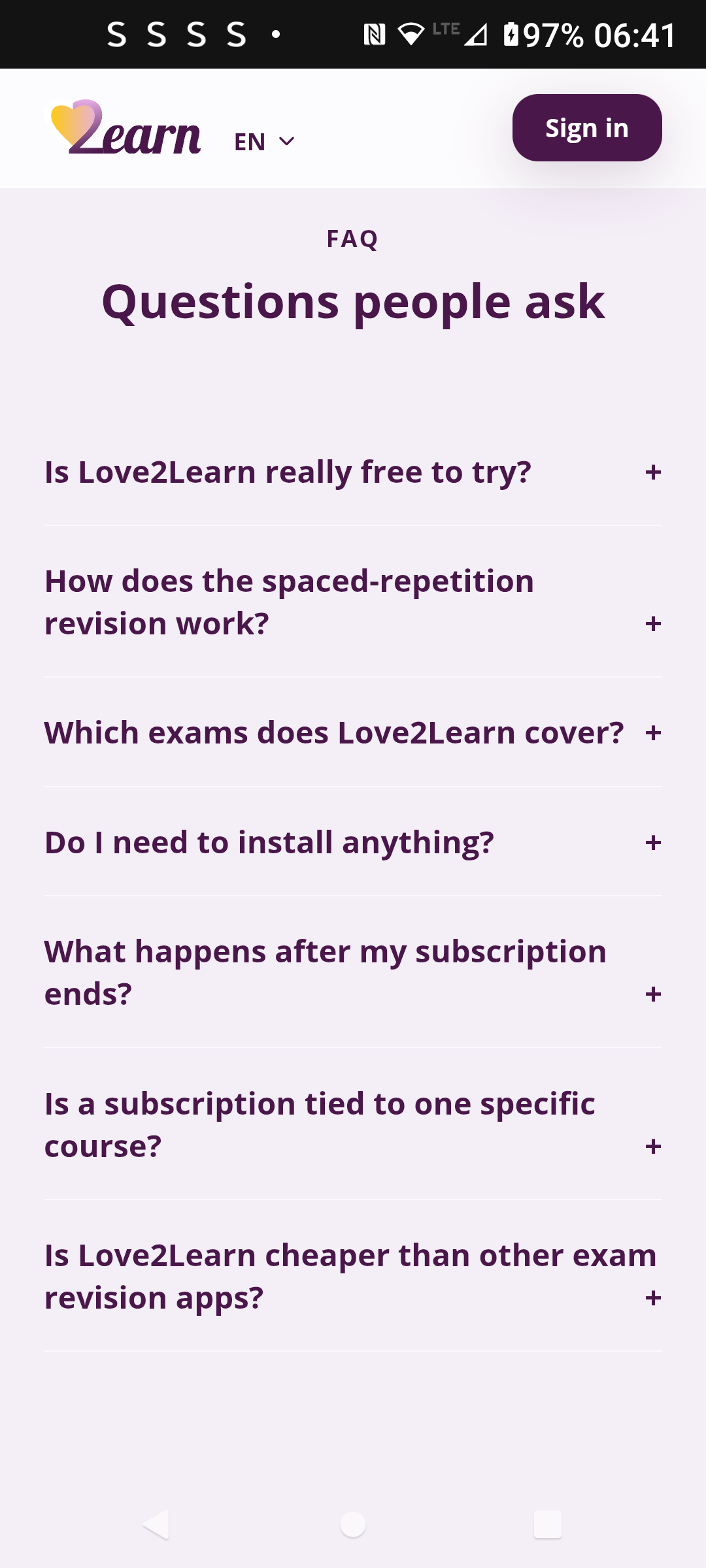 FAQ section answering common questions about pricing and courses