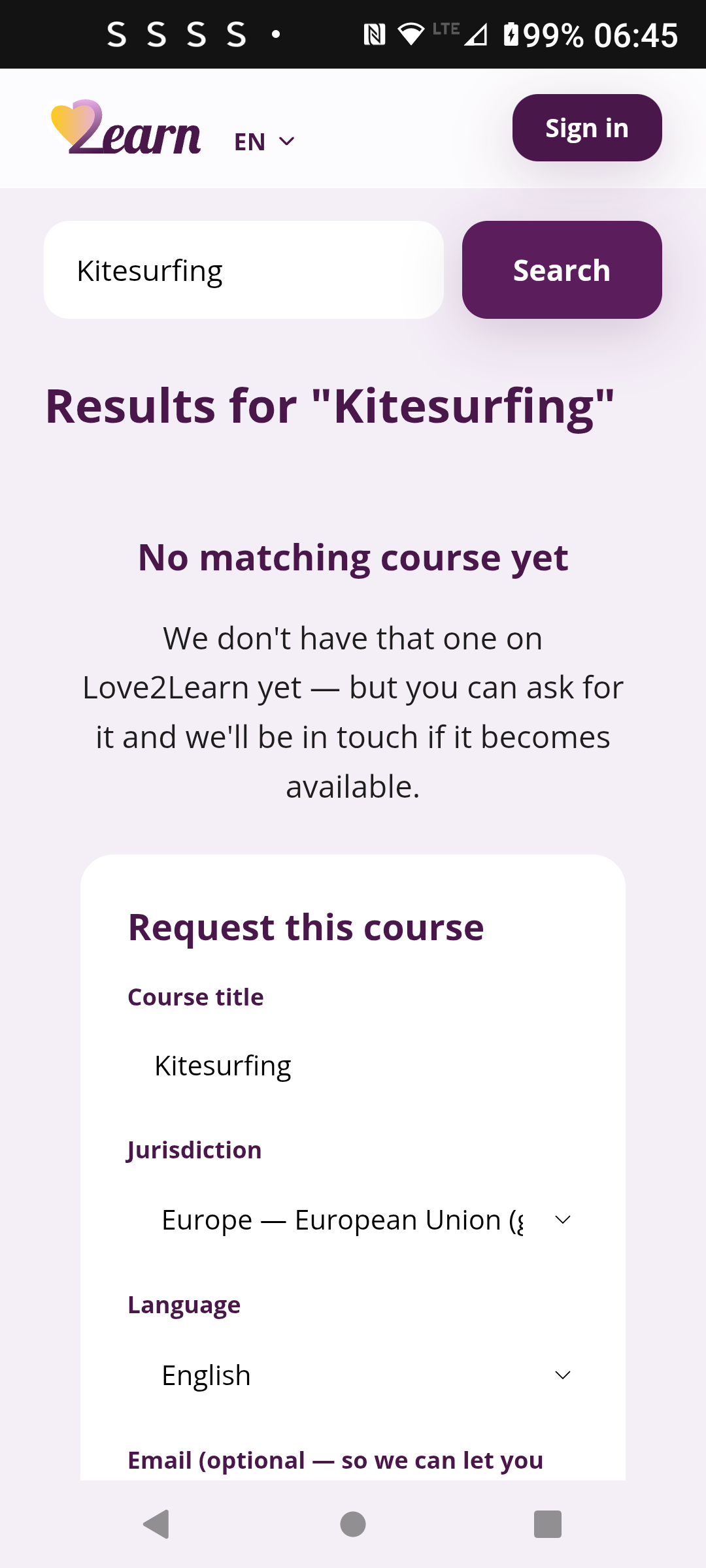 Request this course form, top half, for a search with no matching course