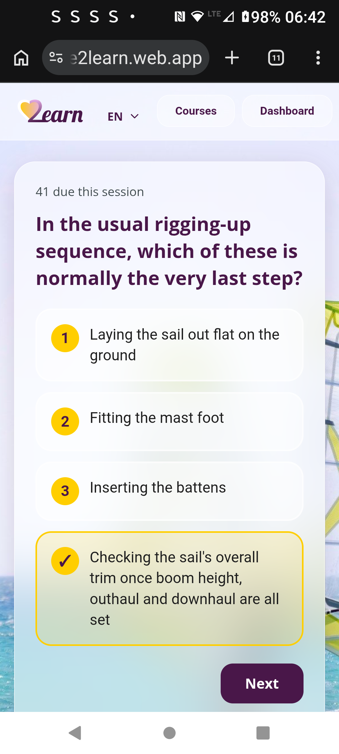 Review screen showing a correctly answered question with the right answer highlighted in gold