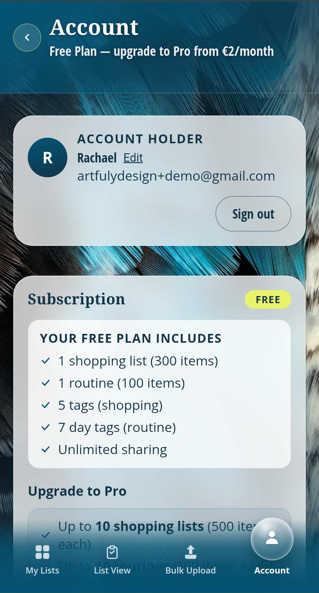 Account page showing the Free plan's limits