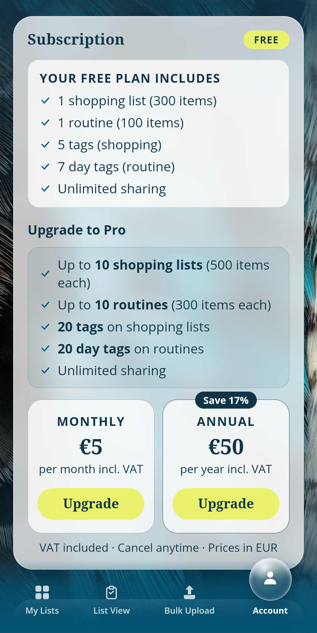 Free and Pro plan comparison shown as two boxes on the Account page