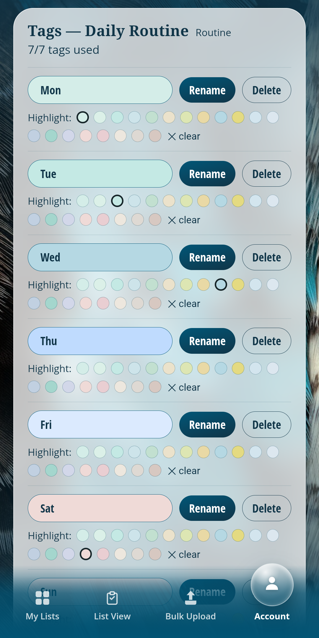 Tag management on the Account page