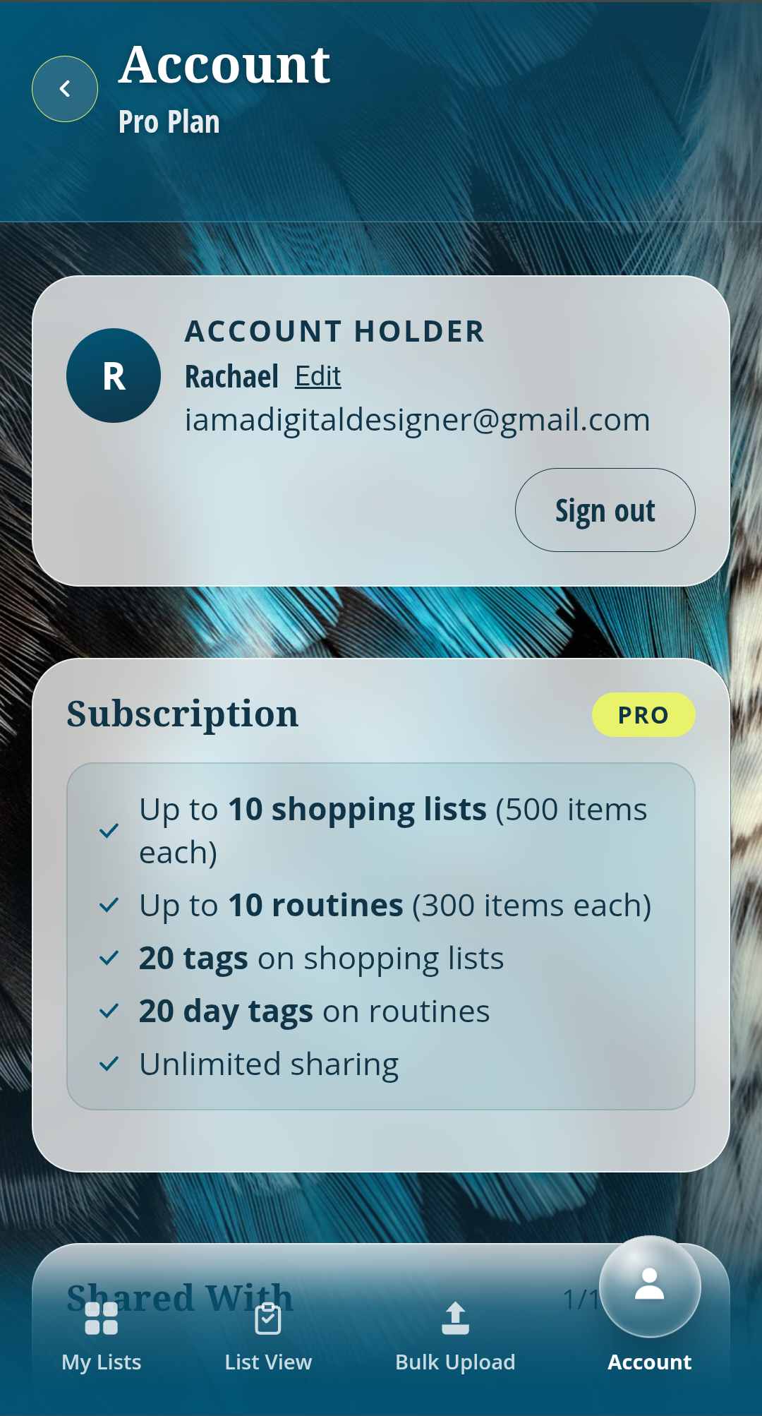 Account page showing the Pro plan and its shopping list, routine, tag and sharing limits