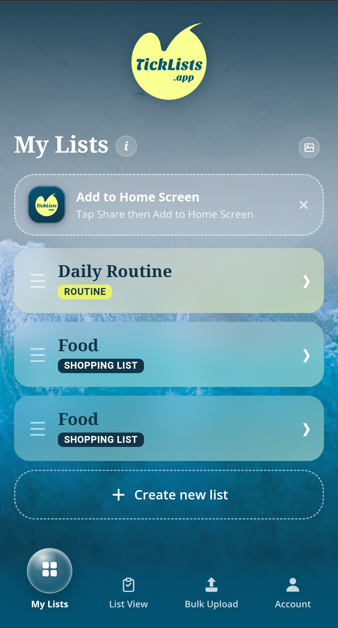 My Lists with a beach photo backdrop