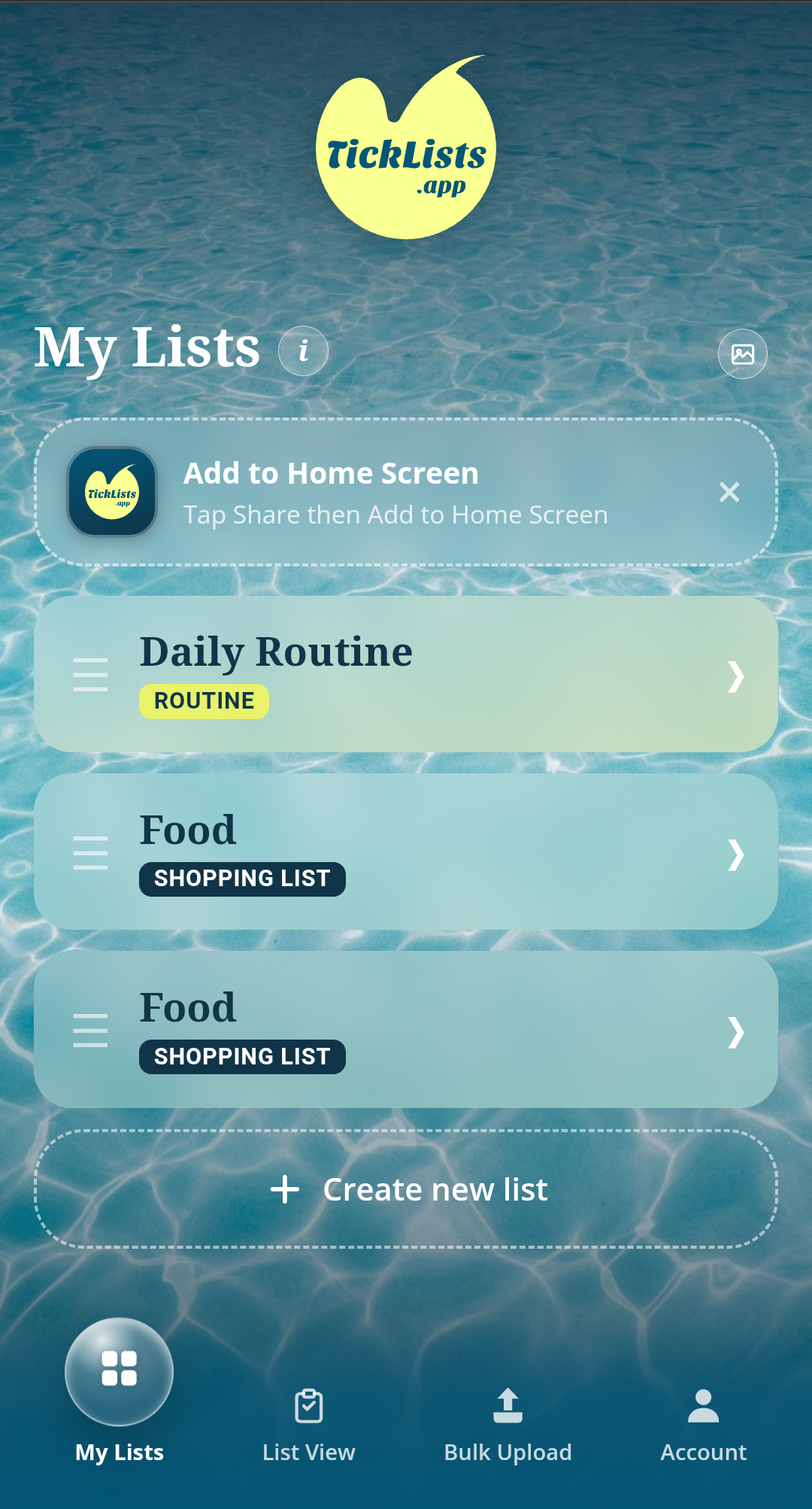 My Lists with a pool backdrop