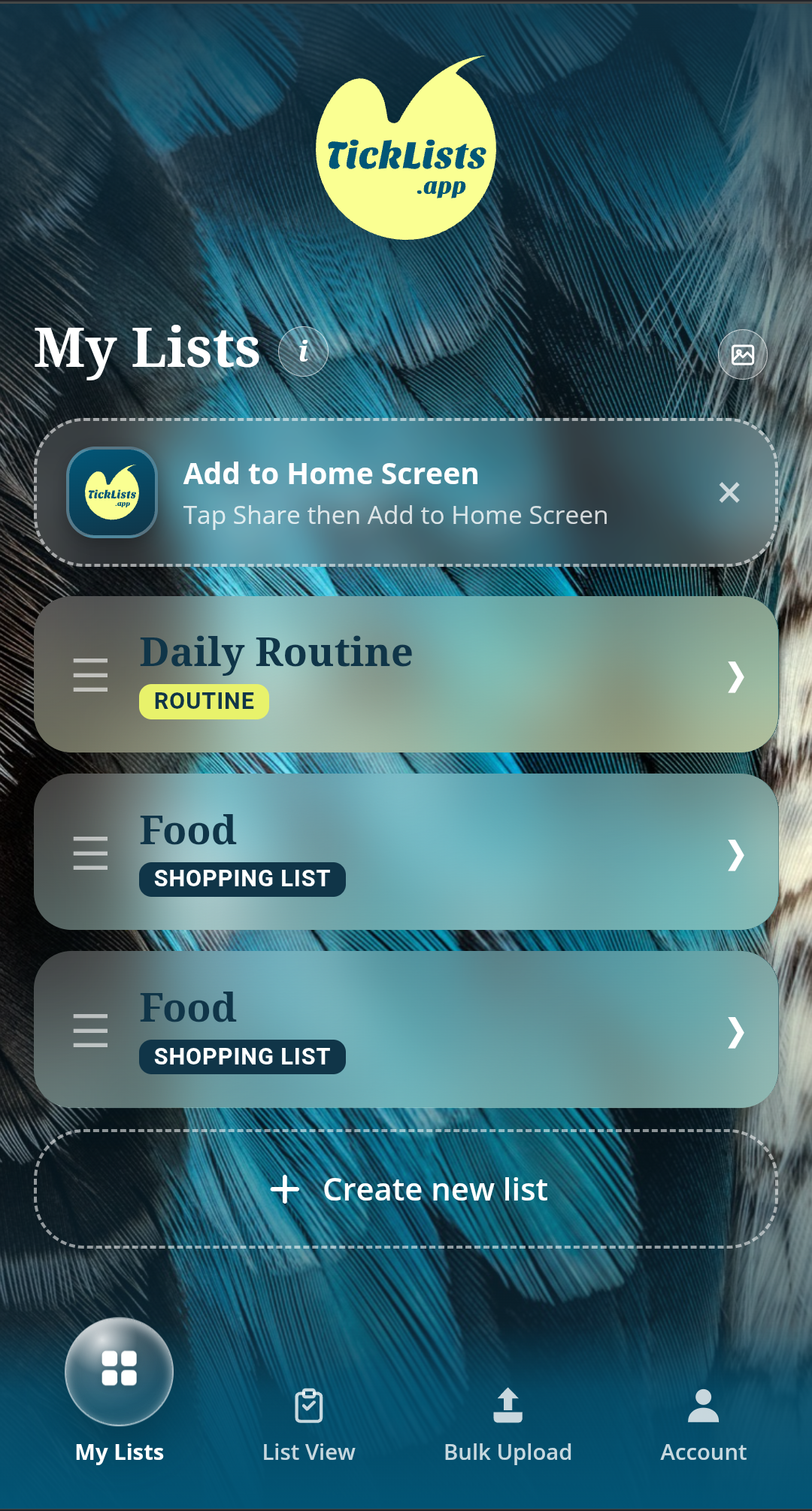 My Lists with a teal feathers backdrop