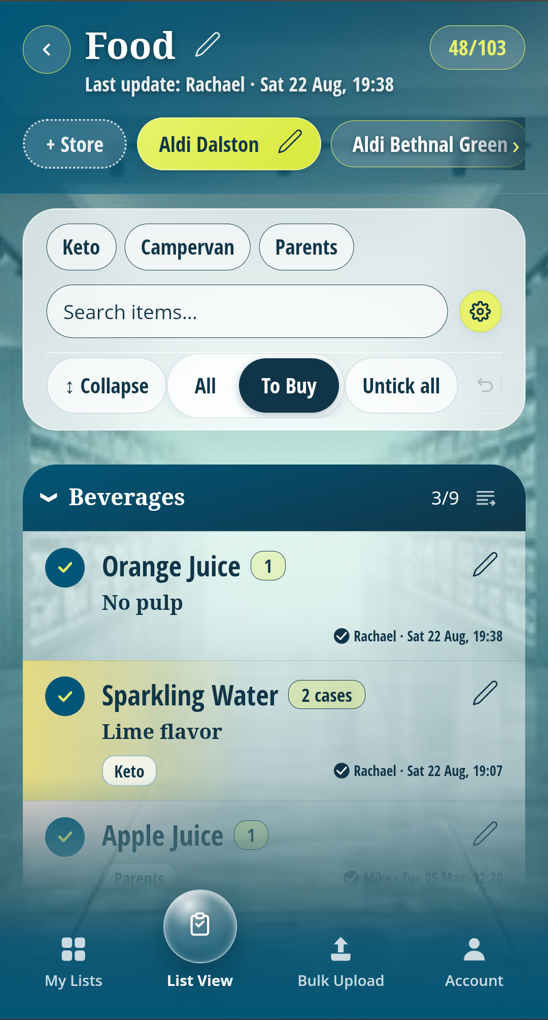 Ticklists Food list showing Aldi Dalston selected as the active store, sorted into that store's Beverages section