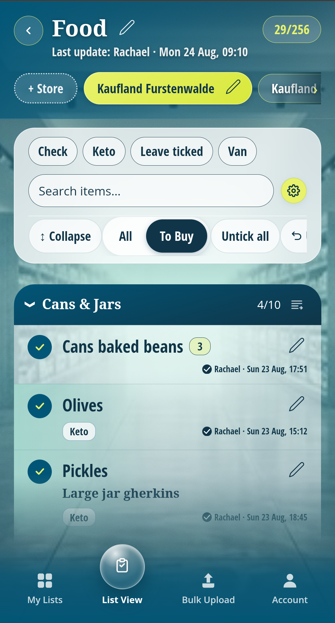 The same Ticklists Food list showing Kaufland Fuerstenwalde selected instead, now sorted into that store's Cans and Jars section