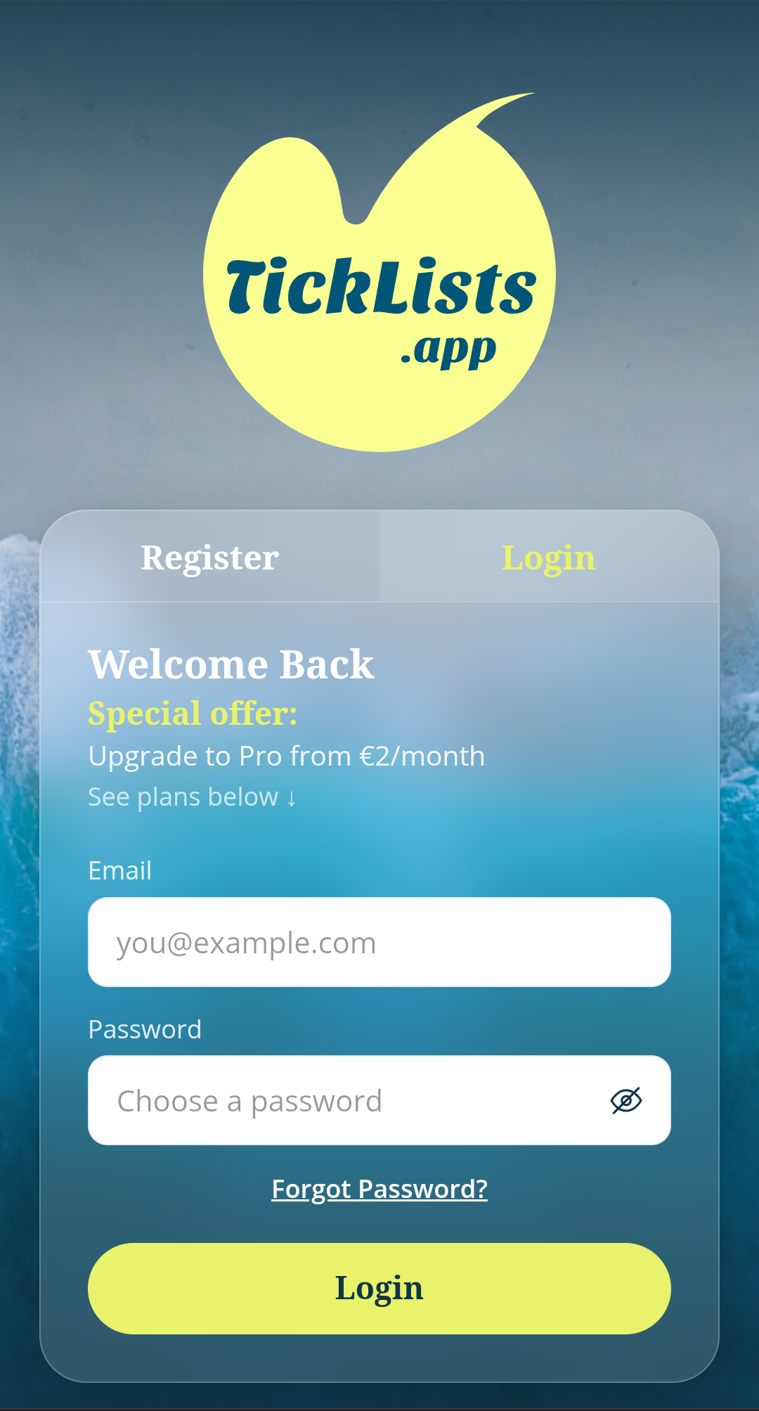 Ticklists login screen with Register and Login tabs, and a Pro upgrade offer