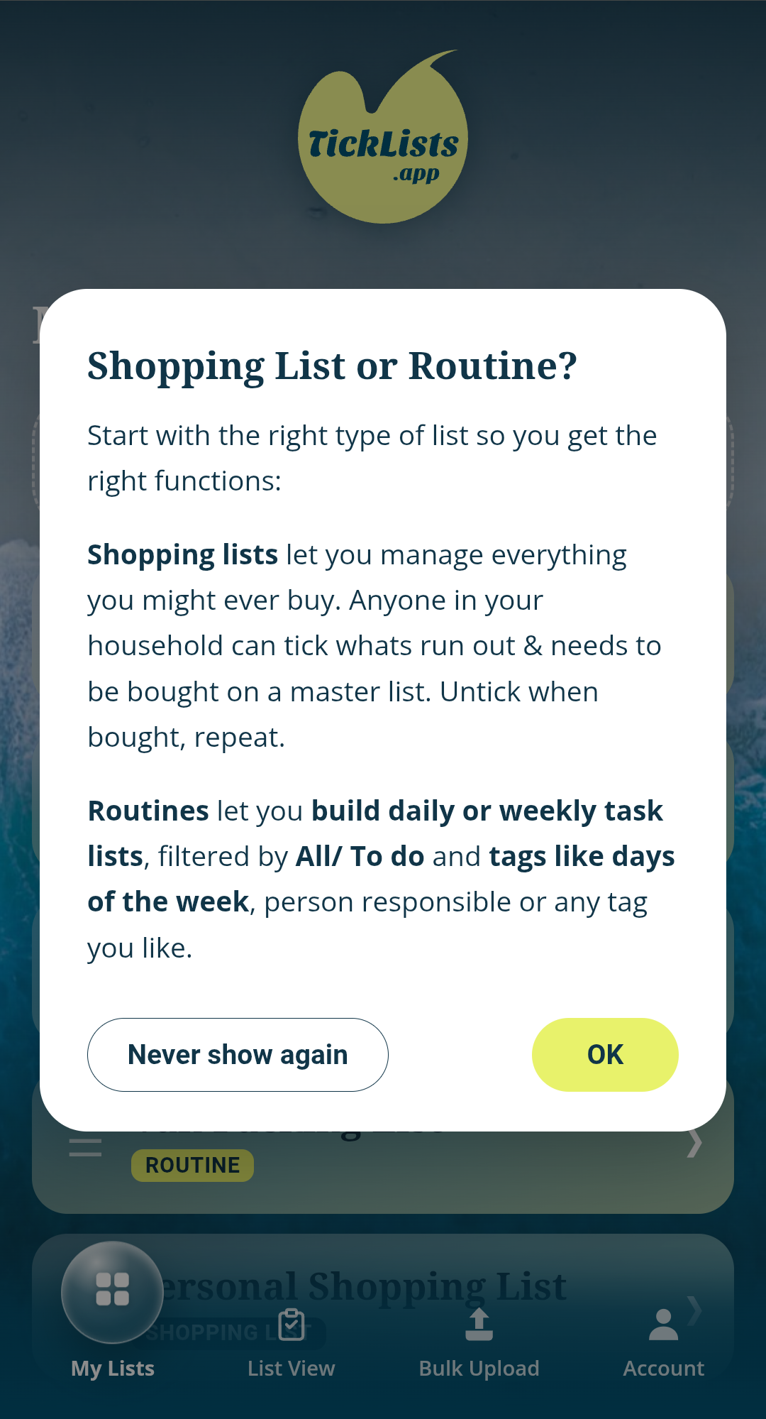 Pop-up for choosing whether a new entry is a shopping list or a routine