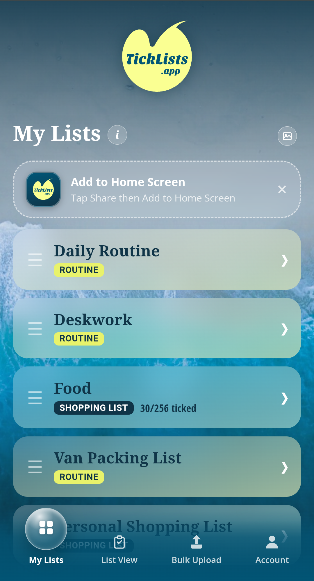 My Lists home screen showing Daily Routine, Deskwork, Food and Van Packing List cards