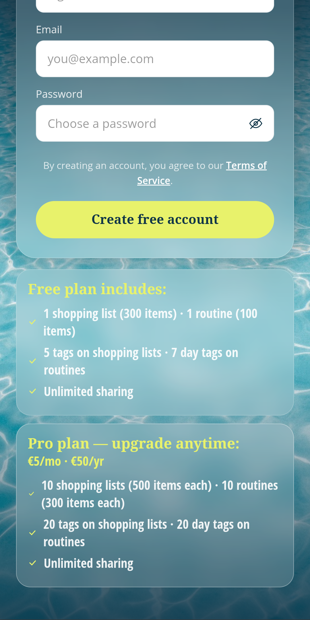 Register screen scrolled to show the Free and Pro plan comparison
