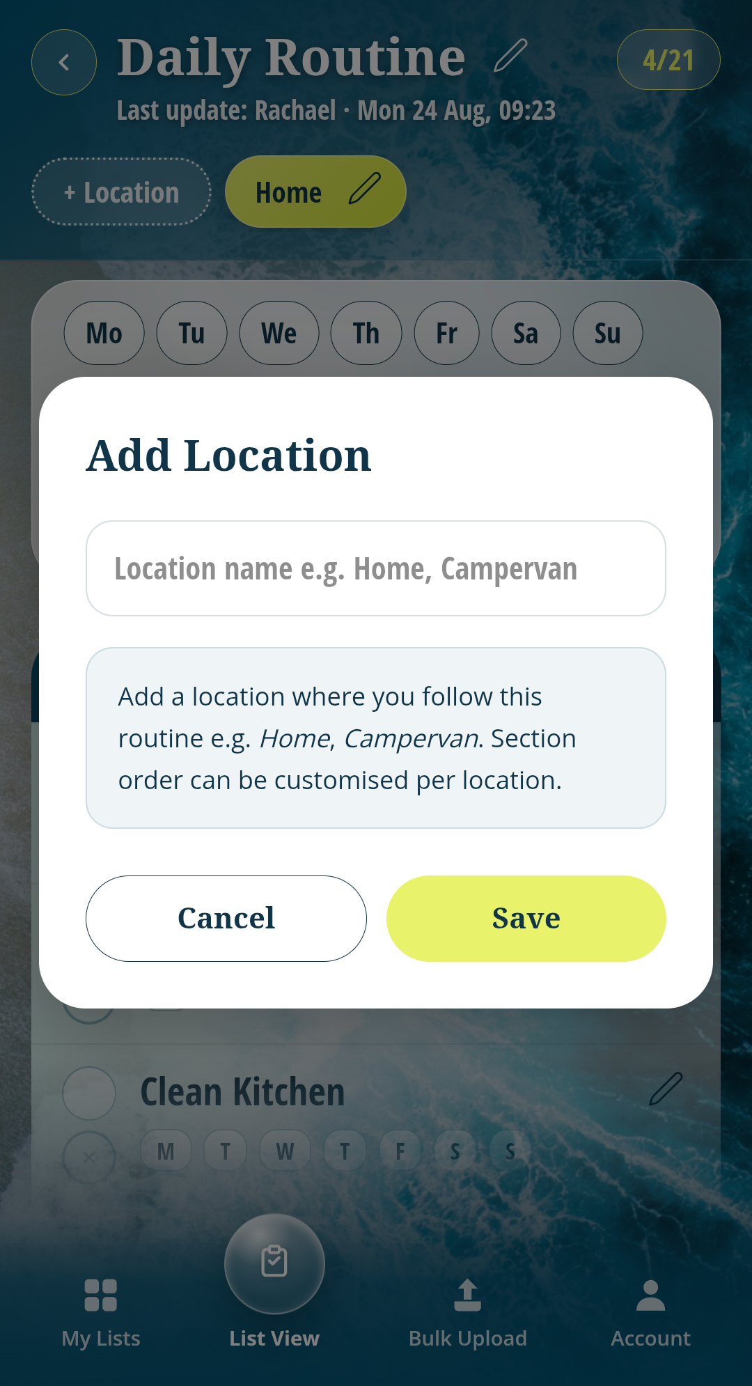 Add Location dialog, for routines followed in more than one place such as Home or a campervan