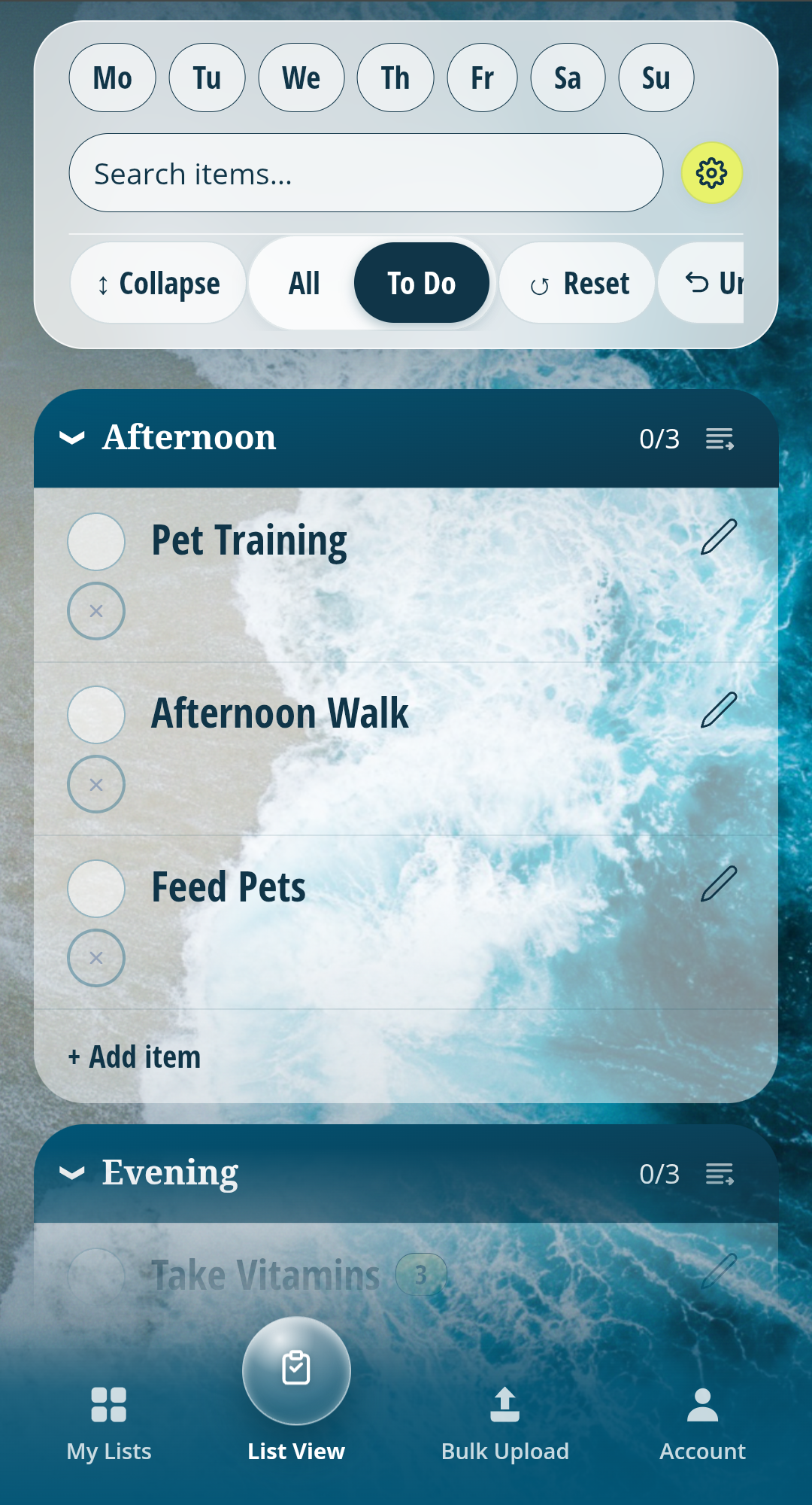 The same Daily Routine list scrolled down to the Afternoon and Evening sections, with a Reset button visible
