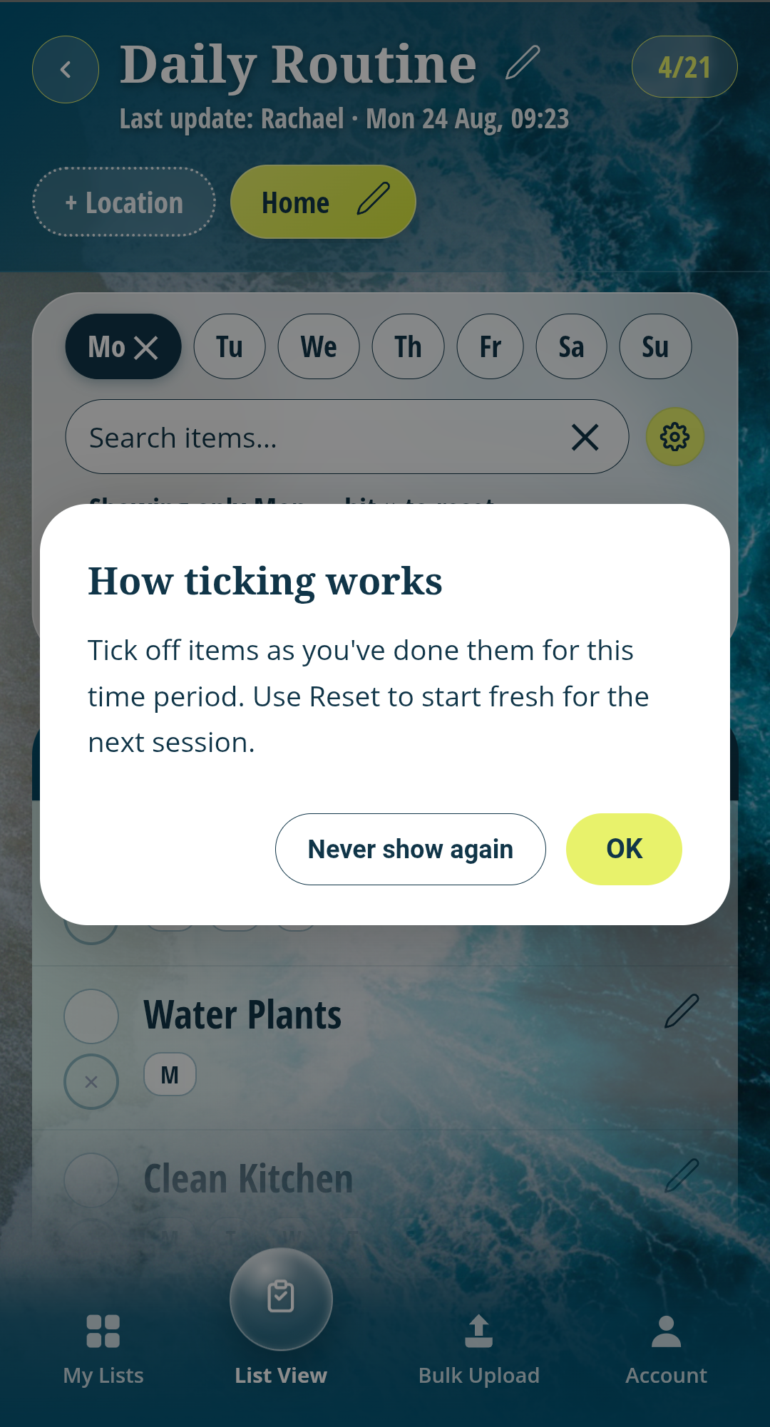 In-context tooltip explaining how ticking and resetting works on a routine
