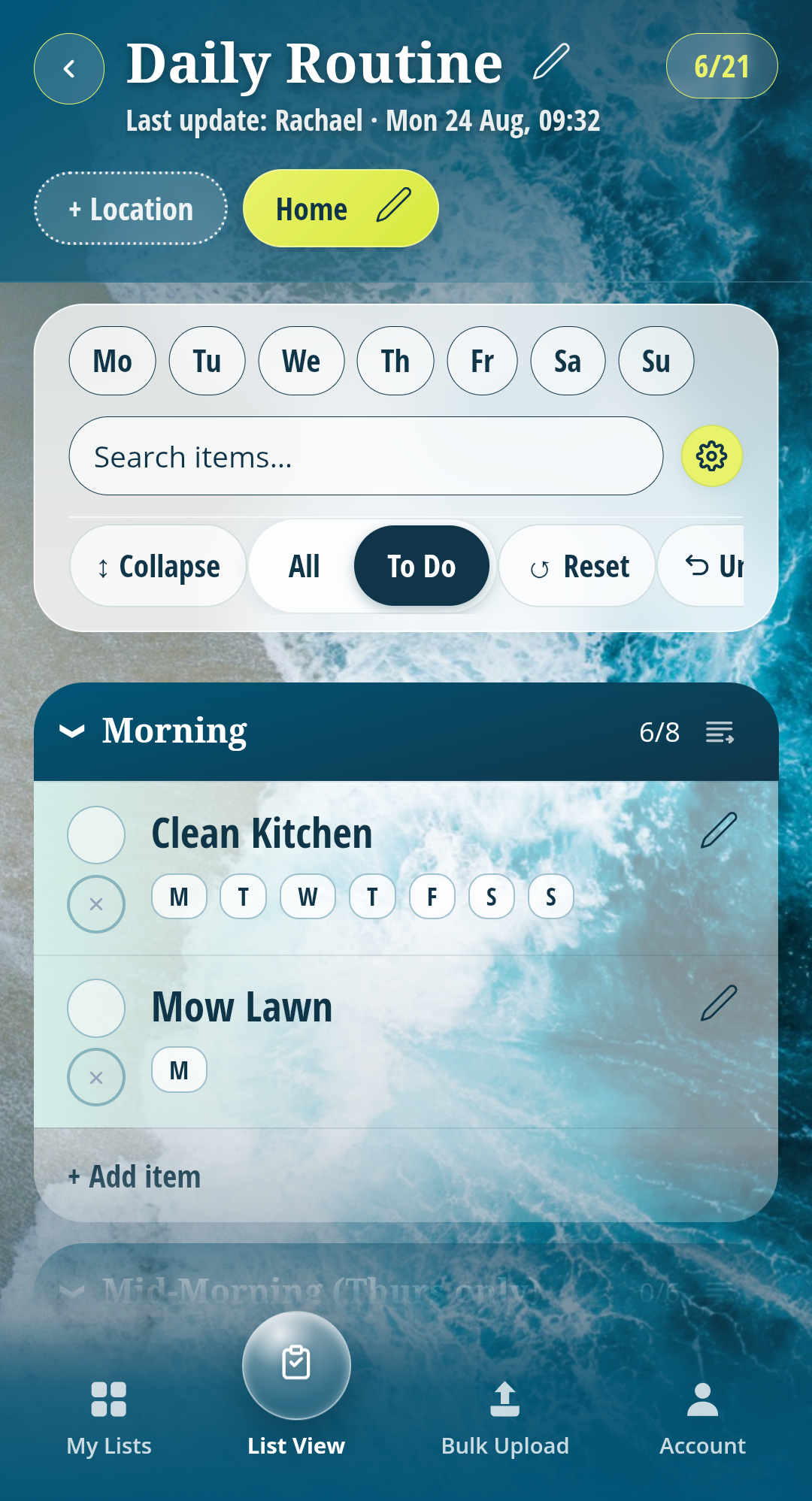 Daily Routine list filtered to To Do, showing the Morning section with day-of-week tags on each task