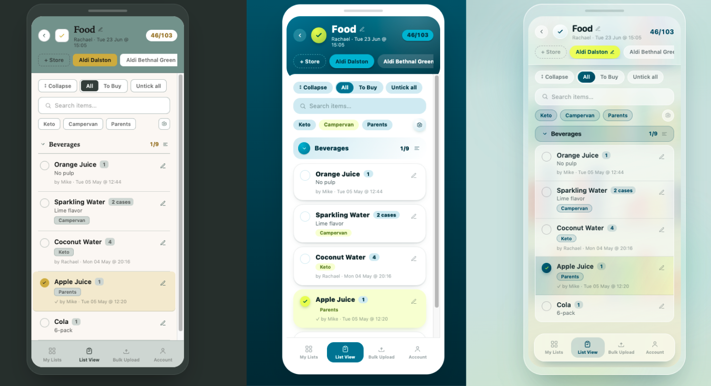 Three visual design directions for the Ticklists list view — muted earthy, flat colour, and glassmorphism